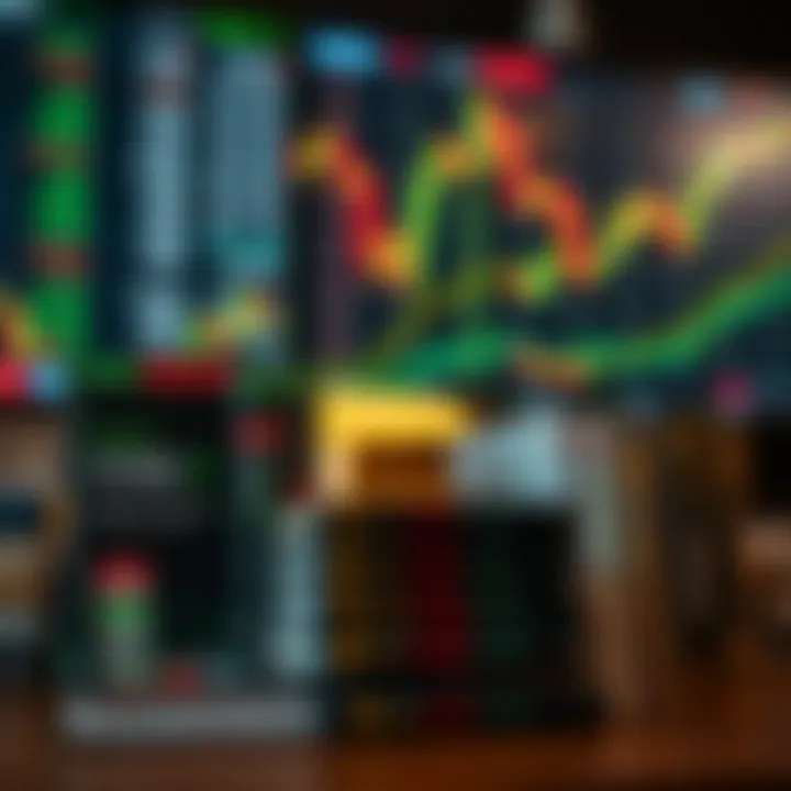 Collection of Forex trading books displayed with digital currency charts in background