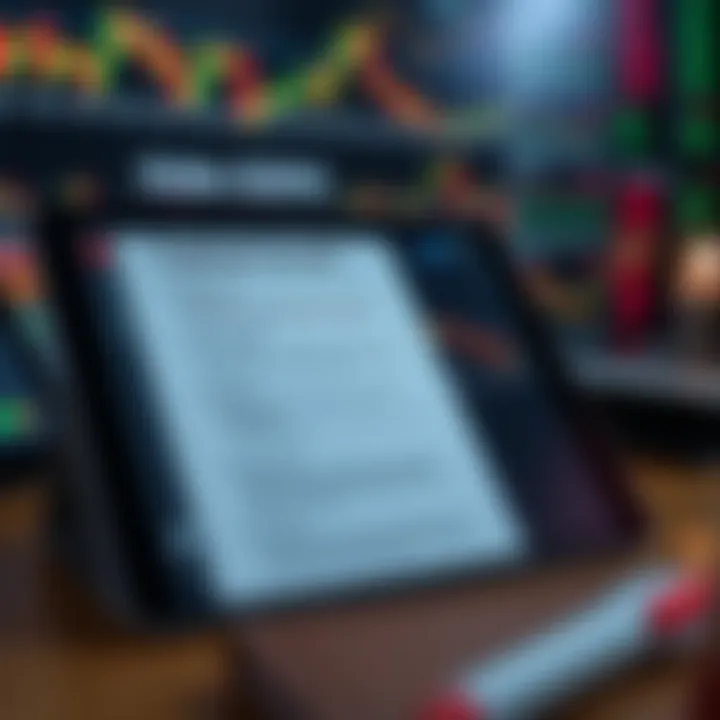 Comprehensive trading course materials displayed on a digital tablet with financial charts in the background