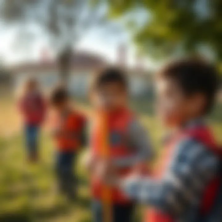 Children participating in a safety drill outdoors to learn emergency response techniques