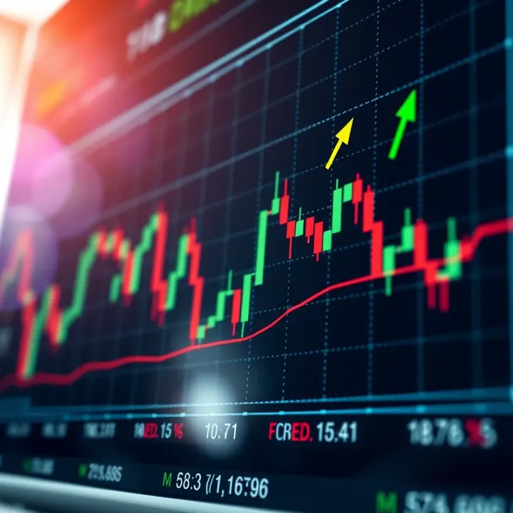 Financial chart showing currency pair fluctuations with arrows indicating trading opportunities